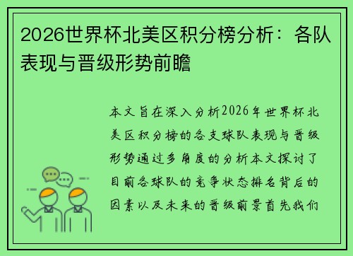 2026世界杯北美区积分榜分析：各队表现与晋级形势前瞻